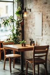 Cozy cafe interior mockup with a wooden table, matching chairs