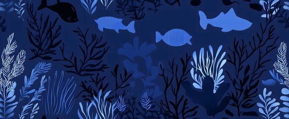 seamless ocean floor with silhouettes of small fish swimming ,underwater background