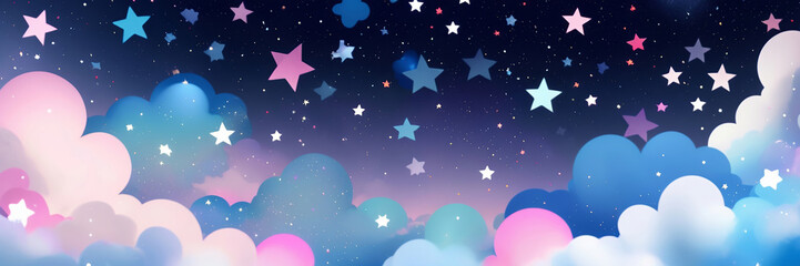 Naklejka premium 3D Stars glittering across the night sky with soft, dreamy clouds creating a serene, nighttime atmosphere. Made with Generative AI Technology