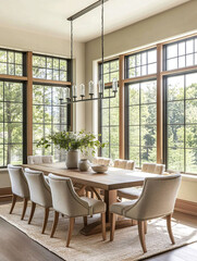 Mid century Modern Interior in a residential dining room with a dining table and chair. Generative AI
