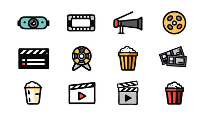 Doodle icons representing various movie cinema elements, including clapperboard, popcorn, film reel, movie camera. © ndomble