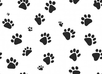 Fototapeta premium Seamless pattern of black dog paw prints on a white background