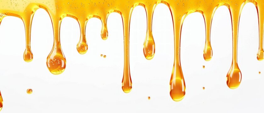 A vivid photo of golden yellow honey drips on a white backdrop. The dynamic flow is enhanced by a possible use of long exposure, with abstract brown dots above.