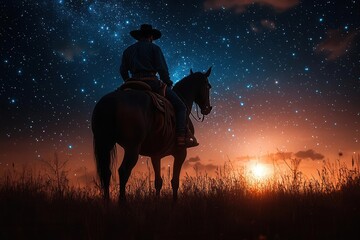 silhouette of a rugged cowboy astride his horse set against a starstudded night sky moonlit landscape hints at the wild frontier capturing the essence of the american west