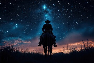 silhouette of a rugged cowboy astride his horse set against a starstudded night sky moonlit landscape hints at the wild frontier capturing the essence of the american west