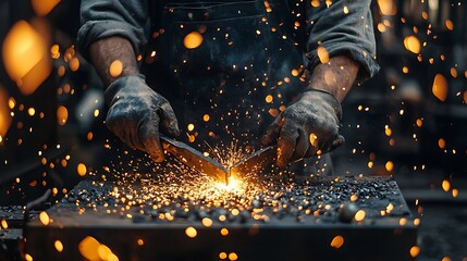A blacksmith forges metal, showering sparks that dance with the rhythm of hammer and fire.