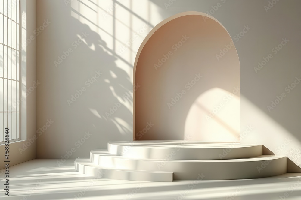 Fototapete sleek 3d rendered geometric composition pristine white podium casting sharp shadows from natural sunlight set against a minimalist gradient background