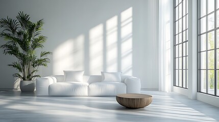 A modern minimalist loft living room featuring clean lines, monochromatic decor, and minimal furnishings, including a low-profile sofa, a simple coffee table,