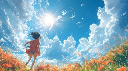 Anime illustration of students under a bright blue sky and sunshine, showcasing their happiness and the essence of childhood playfulness through different weather scenarios.