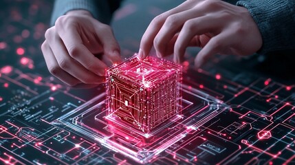 a digital engineer is rebuilding lost data blocks. holographic blocks being pieced together on a virtual platform. Technical troubleshooting, advanced technology process of data recovery.
