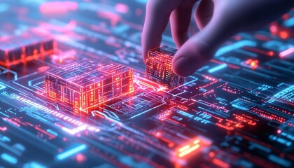 a digital engineer is rebuilding lost data blocks. holographic blocks being pieced together on a virtual platform. Technical troubleshooting, advanced technology process of data recovery.
