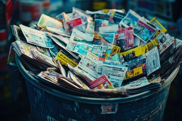 Obraz premium Overflowing Trash Bin Filled with Colorful Flyers and Advertisements