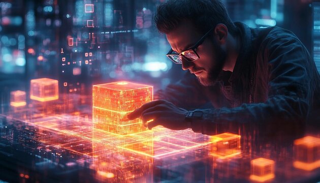 a digital engineer is rebuilding lost data blocks. holographic blocks being pieced together on a virtual platform. Technical troubleshooting, advanced technology process of data recovery.
