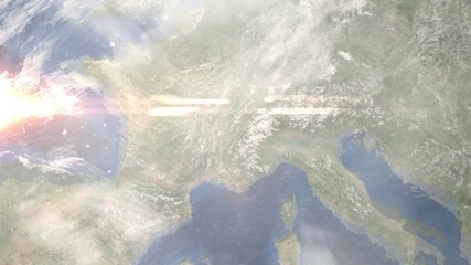 Earth zoom in from space and focus on Aix les Bains, France. Background for travel intro or blog. Satellite view. 3D style Animation. Images from NASA.