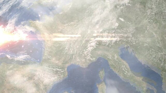 Earth zoom in from space and focus on Aix les Bains, France. Background for travel intro or blog. Satellite view. 3D style Animation. Images from NASA.