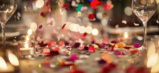 Imagine a milestone anniversary table adorned with confetti, enhancing the romantic and celebratory atmosphere.