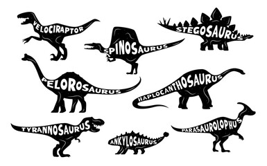 Dinosaurs silhouettes with lettering dino names of Jurassic era lizards, vector icons. Cartoon prehistoric dinosaurs silhouettes with species names lettering for T-rex tyrannosaurus and velociraptor