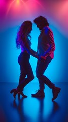 Silhouetted couple dances intimately in colorful-lit room: woman in white shirt, man in unbuttoned shirt and gray trousers, gazing into each other's eyes with an intimate touch.