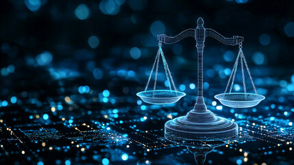 Digital scales of justice on a digital background, with blue glowing lights, representing the balance between business and technology in cyber law