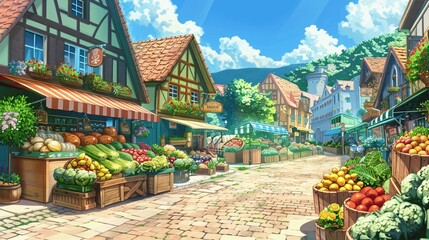 Charming European Village Market Street With Fresh Produce