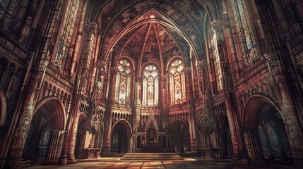 Fototapeta premium Gothic Cathedral Interior with Stained Glass Windows and Light Beams