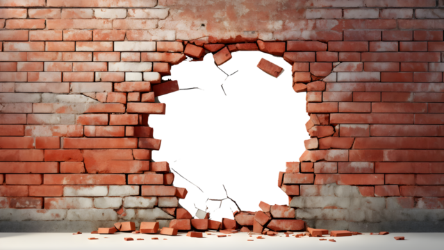Cracked red brick wall transparent empty space