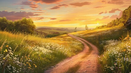 Fototapeta premium serene country road winding through rolling hills, with a golden sunset casting a warm glow over the landscape