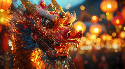 Fototapeta premium A vibrant Chinese dragon dance unfolds, lit by the glow of red lanterns and festive energy.