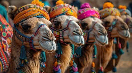 Fototapeta premium A group of camels with colorful hats and tassels