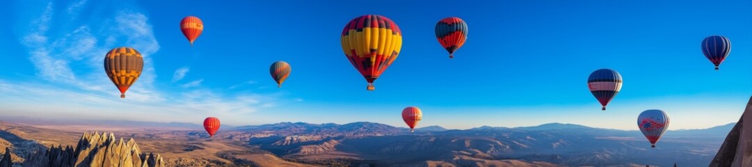 Obraz premium Balloons floating in the sky over beautiful landscapes symbolizing freedom and adventure, colorful aerostats