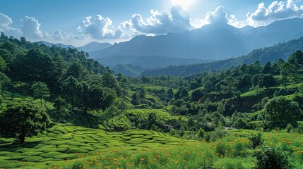 Fototapeta premium A lush green valley with a mountain range in the background