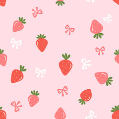 Seamless pattern of strawberry with green leaves and ribbon bow on pink background vector.