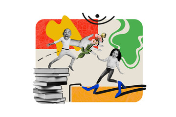 Creative collage picture young man woman march day celebration holiday receive gift flowers bouquet book stack high heels caricature