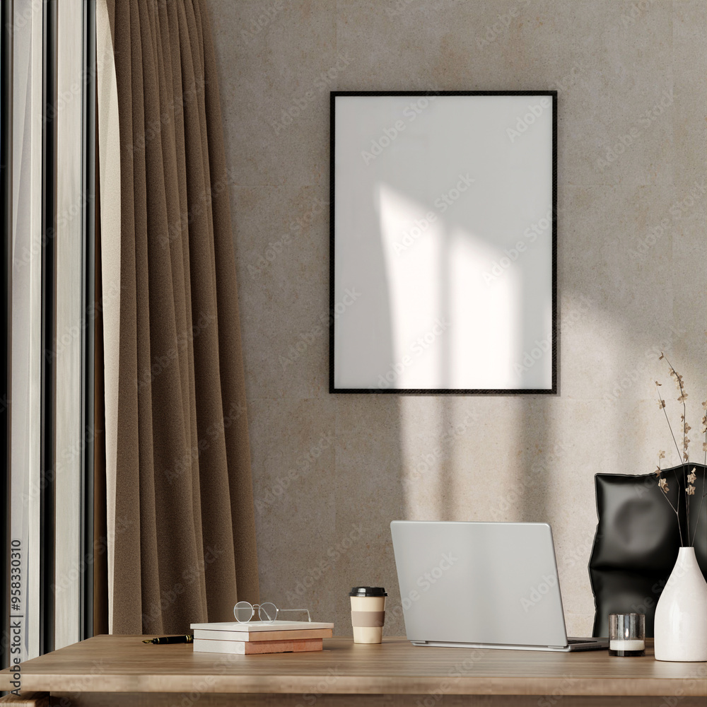 Wall mural modern minimalist workspace with blank frame for customization in 3d rendered interior design