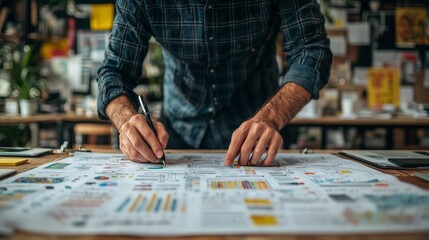 Fototapeta premium A man focuses on writing and analyzing business charts and data in a modern office, highlighting planning and strategy.