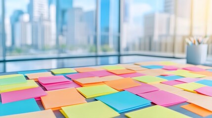 Fototapeta premium Colorful Sticky Notes on Office Desk with City View