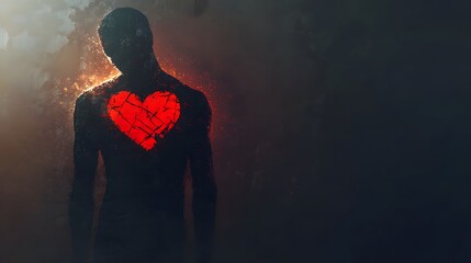 Figure with a broken heart icon, symbolizing the impact of racially motivated violence, minimalist style, dark tones with a red accent, spotlight effect, mood of sorrow and empathy