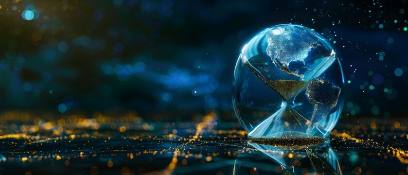 An hourglass with gold sand running low in the upper chamber against a cityscape backdrop at night symbolizes time running out in a futuristic digital world.