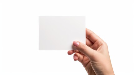Obraz premium Holding Blank Paper. Woman Hand Presenting Empty Paper Card on White Background