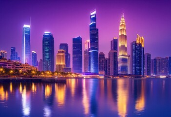Obraz premium serene evening view featuring vibrant city lights illuminating skyline reflecting calm waters, reflection, illumination, urban, landscape, dusk, horizon