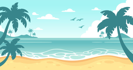 Fototapeta na wymiar Abstract summer beach with palms. Paradise sunrise with sand beach, blue sky and clouds. Tropical nature background for poster, card design. Sunlight and ocean waves. Vector concept