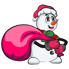 christmas cartoon character mascot of a snowman carrying a large bag of gifts, work of handmade