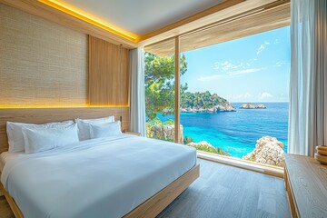 Fototapeta premium Modern Bedroom with Ocean View and Wooden Accents
