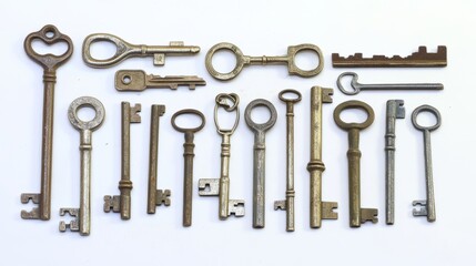 A collection of different sizes and shapes of vintage keys
