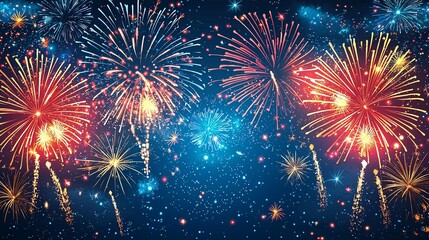 A stunning illustration of colorful fireworks exploding in the night sky over a city skyline, featuring vibrant blues, reds, and oranges amidst twinkling stars.