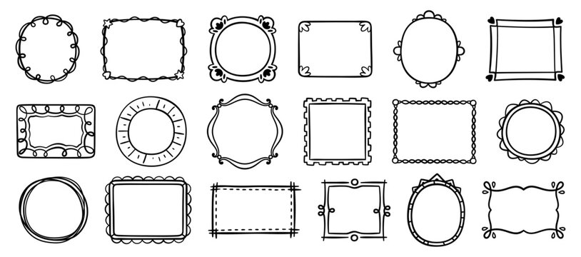 Hand drawn frames. Doodle black simple picture border and label. Sketch vintage outlines oval, square, rectangle grunge ornate photo frame. Vector collection