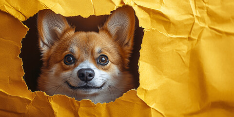 Funny dog tears and crawls out of a yellow  paper background., Generative AI.