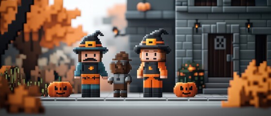 Colorful pixel art scene with witches, a creature, and pumpkins in an autumn setting, perfect for Halloween themes.