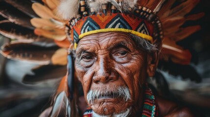 Obraz premium Elderly indigenous man in headdress stares at camera, showing wisdom and cultural pride through red, yellow, and white feathers. Brown shirt and tie enhance his revered appearance.