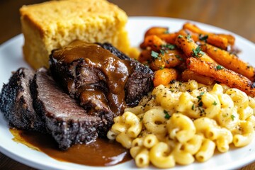 A delicious plate featuring sliced beef, macaroni, carrots, cornbread, and gravy.
